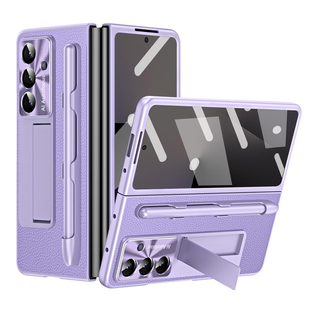 For Samsung Galaxy Z Fold7 5G Case Kickstand Leather+PC Hard Phone Cover with Screen Film and Stylus
