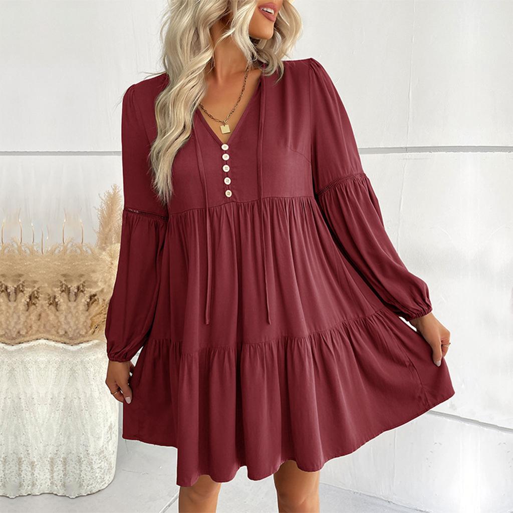 Women's Fashionable Solid Color Long Sleeved V-neck Pleated Casual Loose Dress