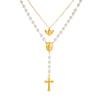 Gold Plated Double Layer Rosary Style Necklace with Cross, Virgin Mary and Angel Charms and Pearls Fashion Jewelry for Women
