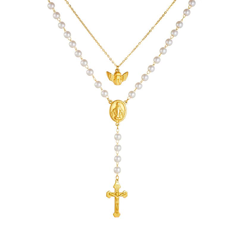 Gold Plated Double Layer Rosary Style Necklace with Cross, Virgin Mary and Angel Charms and Pearls Fashion Jewelry for Women
