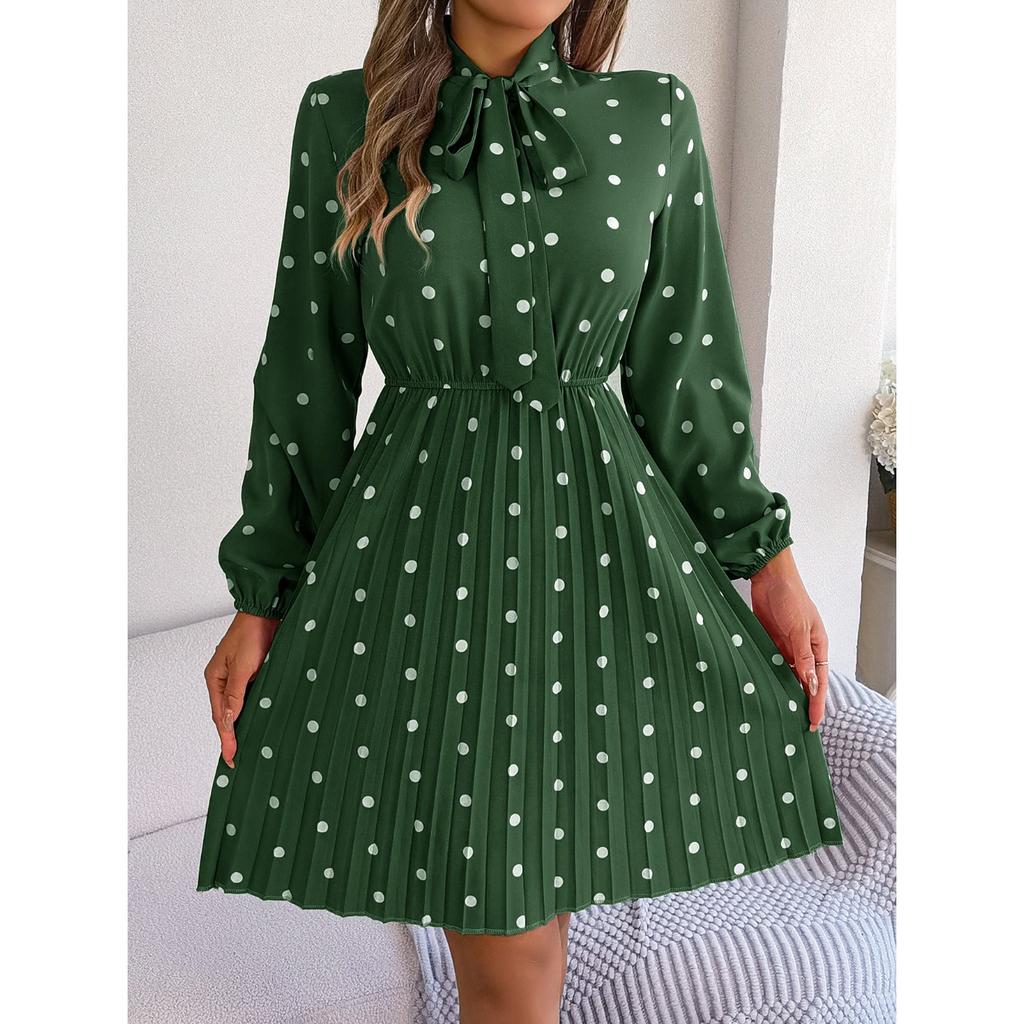 GMXIA Autumn and Winter Stylish Polka Dot Tie Waist-cinching Long-sleeved Pleated Skirt Women's Wear