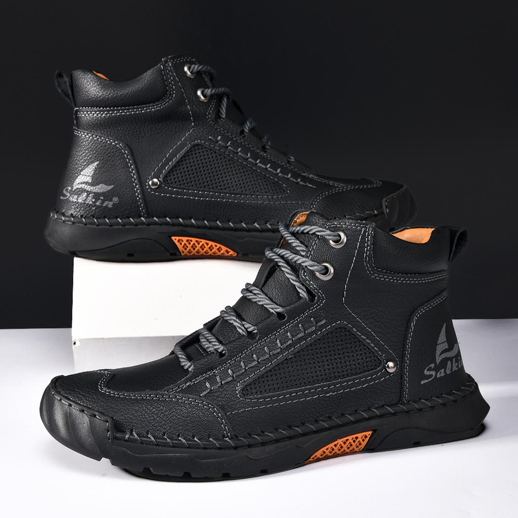 New Handmade Casual Leather Shoes Men Ankle Boots Outdoor Shoes Sneakers Spring Retro Breathable Lace Up Non-Slip Walking Shoes