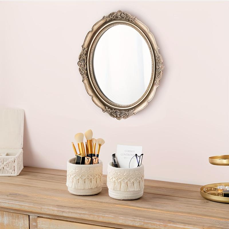 1pc Handcrafted Boho Chic Makeup Brush Holder,Dual-Tone Woven Cosmetic Storage Basket with Tassel Detail, Lightweight