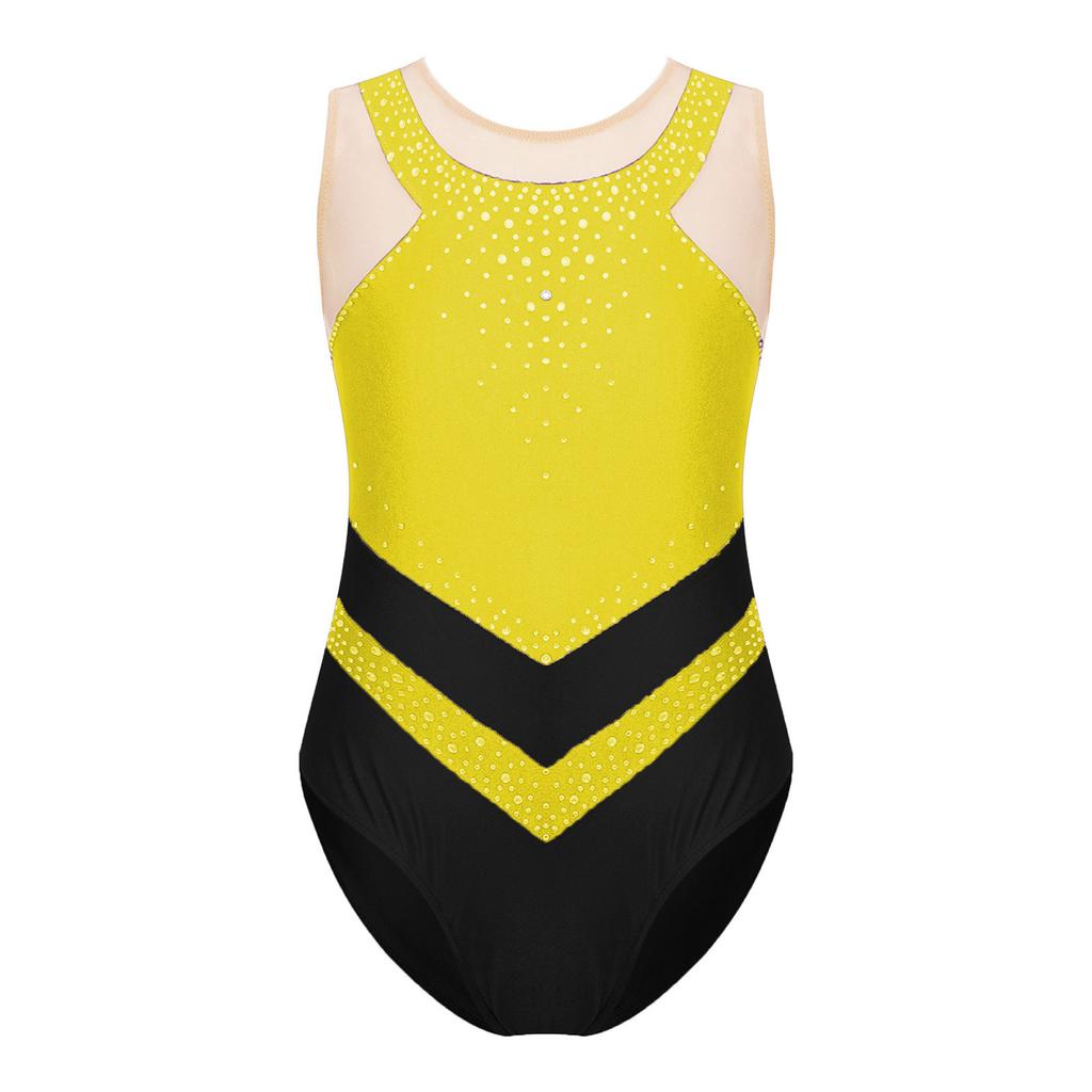 Girls Sparkly Rhinestones Leotard Gymnastics Costume Color Block Sheer Mesh Patchwork Sleeveless Bodysuit