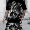 Summer Men Loose Streetwear Praying Hands Print Short Sleeve Set
