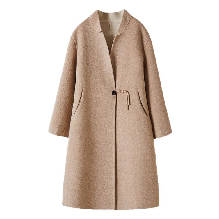 2025 Women's Mid-Length Wool Coat with Stand-Up Collar - Double-Faced Cashmere for Autumn/Winter