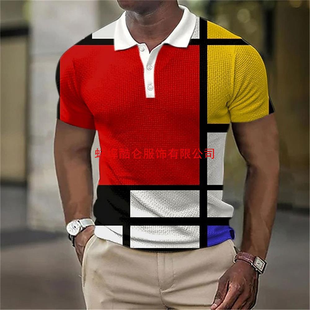 Stilvolles Herren-Kurzarm-Polohemd, Geometrisches Gittermuster, Freizeitkleidung