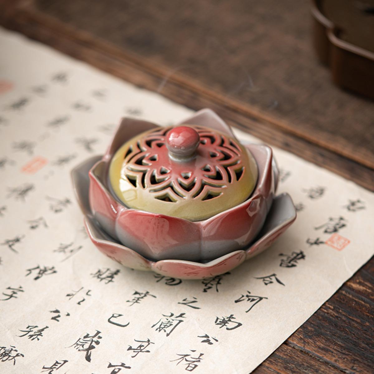 

Ancient Pottery Lotus Incense Burner Hand Painted Ceramic Aromatherapy Decor