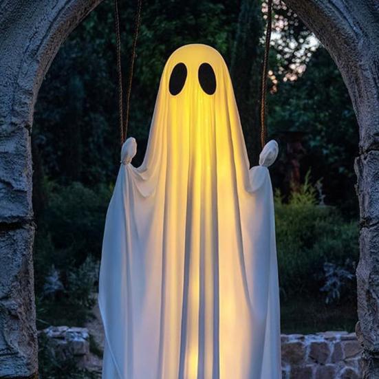 Altalena Pendente Grande 5FT Decorazione di Halloween Fantasma Altalena Esterna Illuminata a LED Fantasma Bianco per Portico Cortile Giardino Decorazione Albero