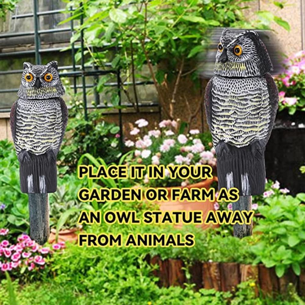 Fake Owl Decoy Plastic Owl Scarecrow Sculpture with Rotating Head and Sound for Garden Yard Bird Repellent Outdoor