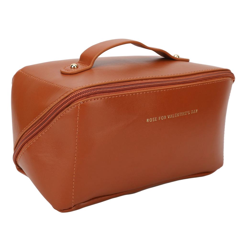 Makeup Storage Bag PU Leather Large Capacity Large Opening Design Multi Partition Waterproof Makeup Travel Bag Mocha
