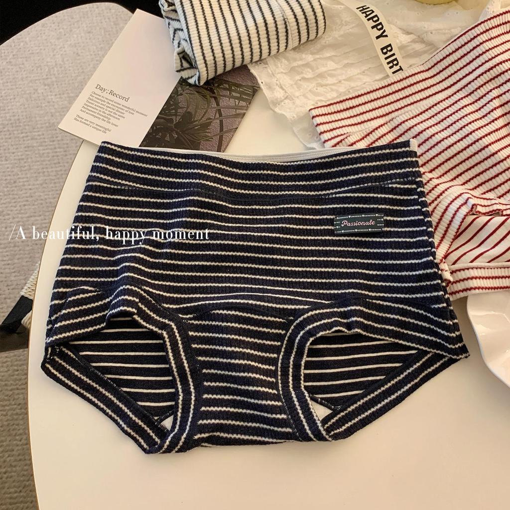 Retro American Women's Striped Pure Cotton Mid-Waist Panties with Antibacterial Extended Crotch - Plus Size Available