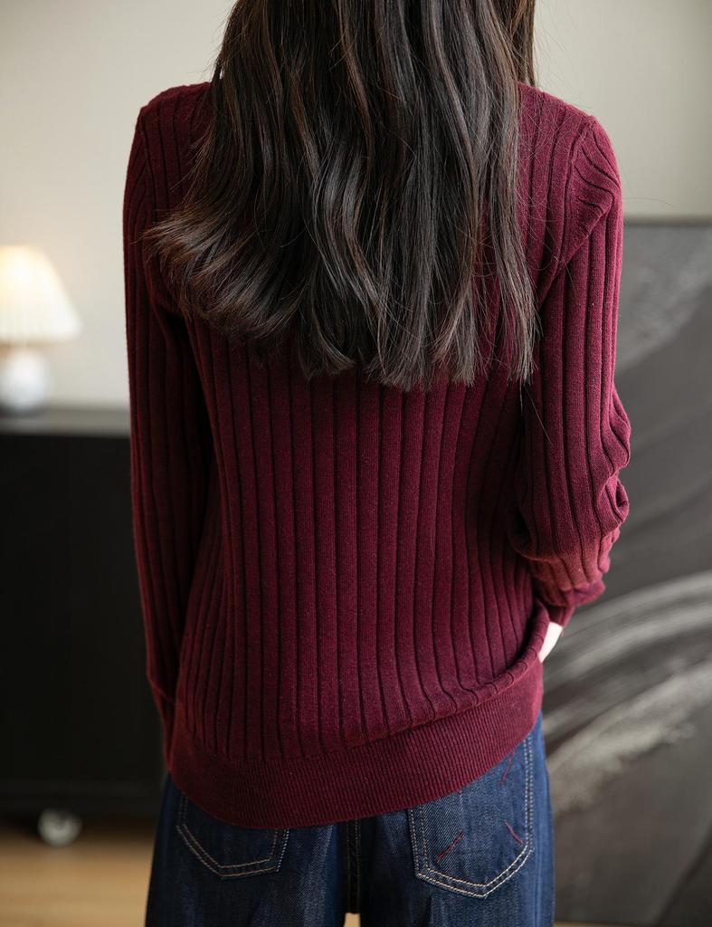 Women's Ribbed Knit Double-Layer Pullover Sweater with Stand Collar - Long Sleeve, Color Block Design for Autumn/Winter