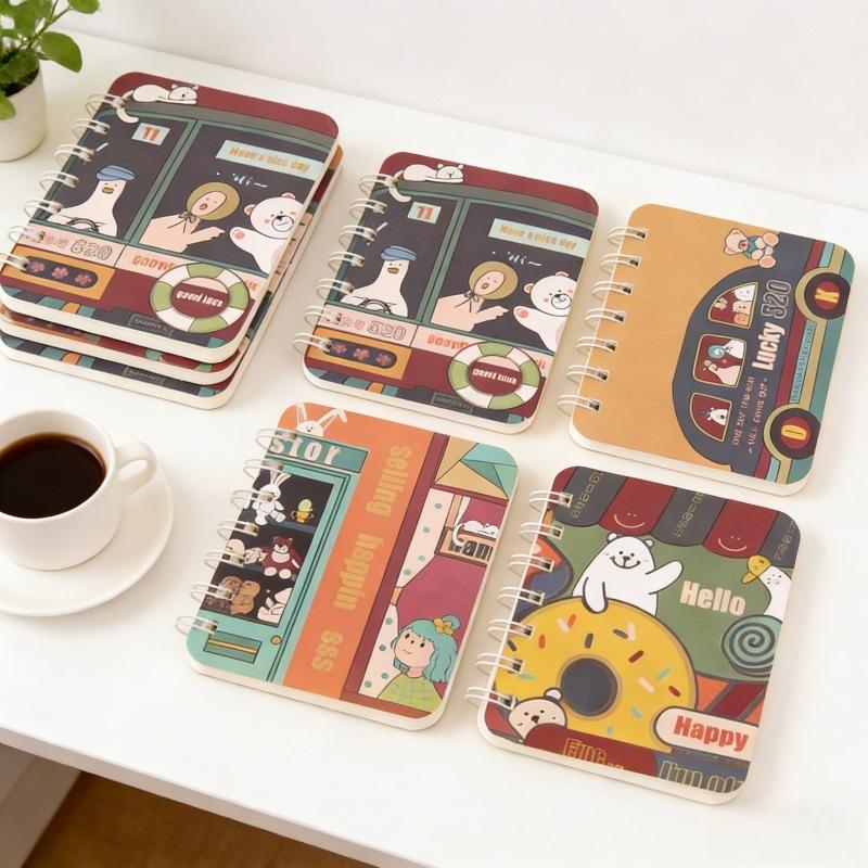 2Pcs Happy Bus Pattern Cartoon A7 Coil Book Pocket Mini Notebook Diary Portable Office Notepad Daily Weekly Planner School Supplies Holiday Gift