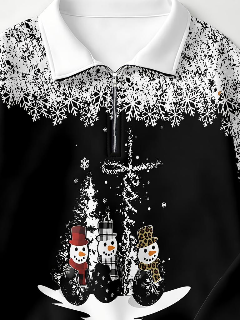 Women's casual sports black and white Christmas snowman full print fashion half-zip sweatshirt