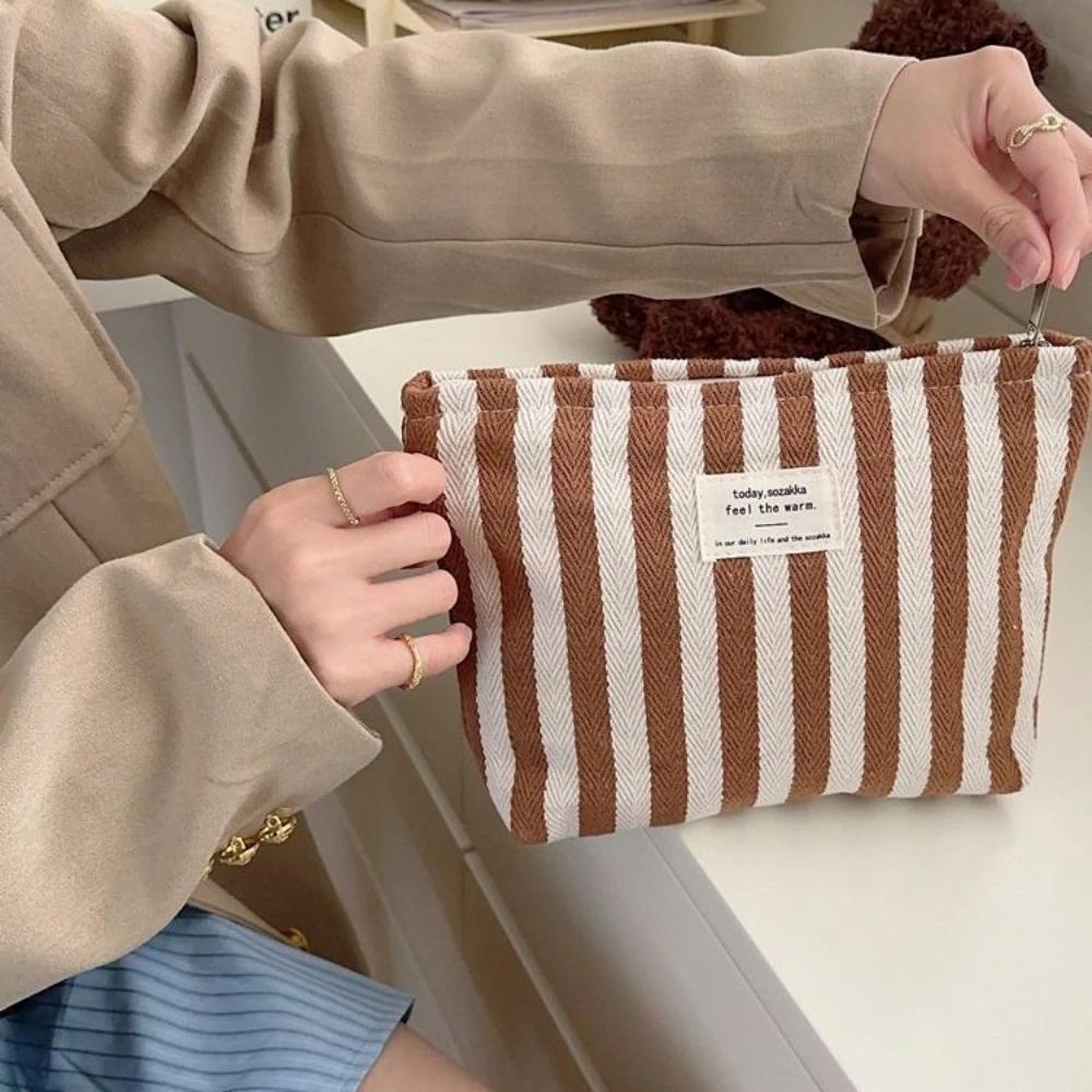 Stripe Canvas Cosmetic Bag Large Capacity Travel Toiletry Organizer for Women Portable Makeup Storage