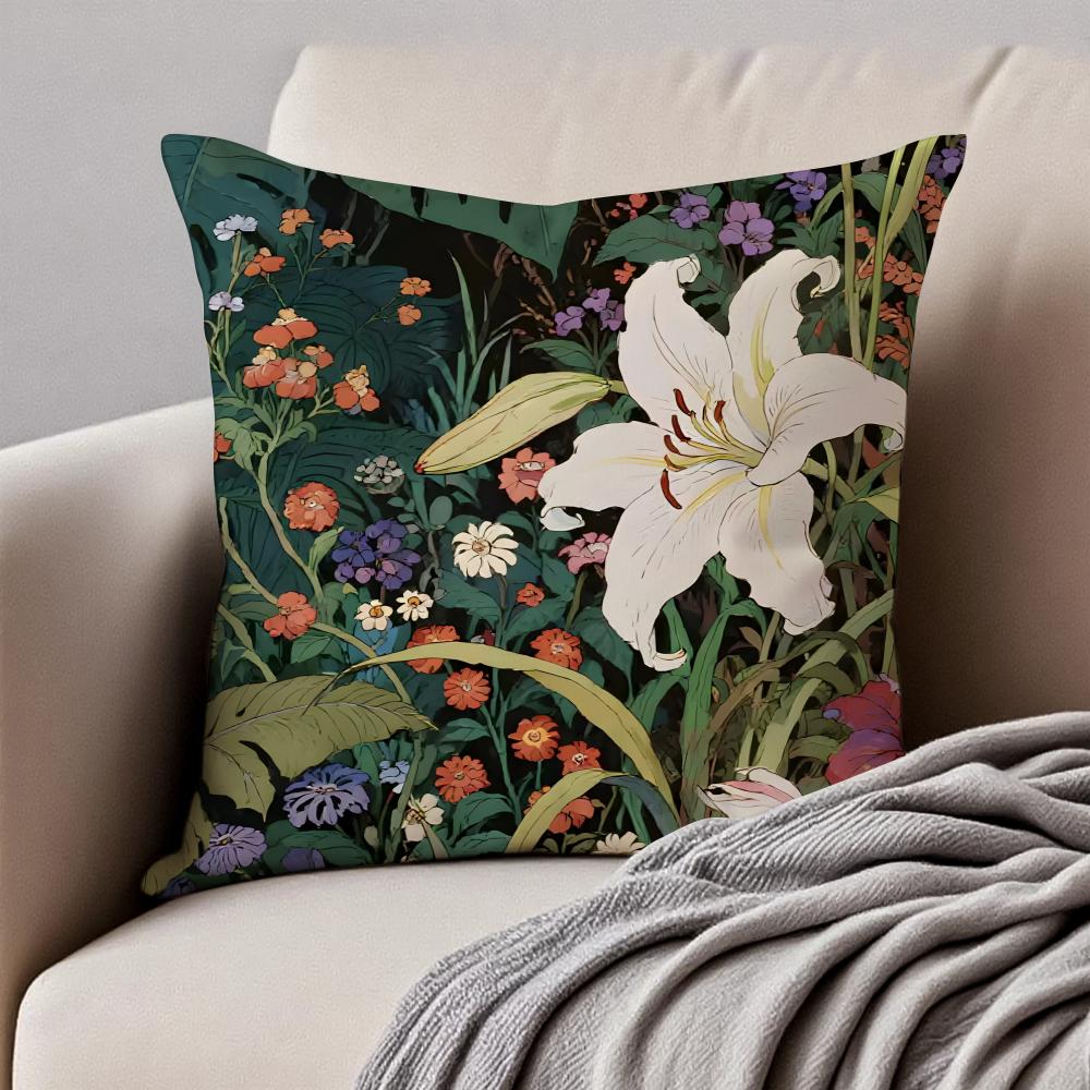 Floral illustration Cushion Cover Pillowcase Antidustmite Invisible Zipper Short Plush Sofa Cushion