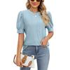 Women Button Puff Sleeve O Neck Breathable Solid Color Pullover T Shirt Blouse Top