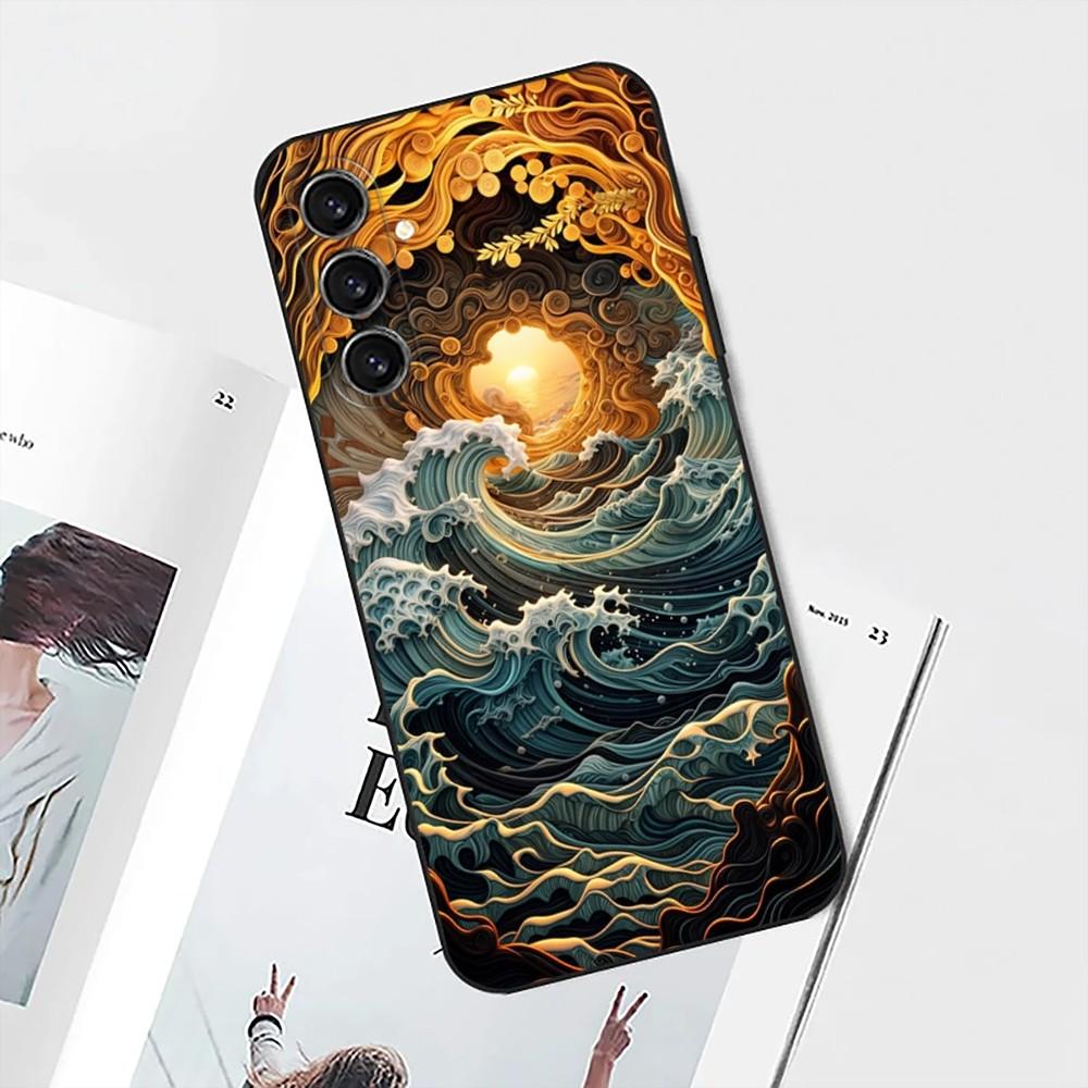 Ukiyo Ocean Waves Phone Case For Samsung S25,S24,S21,S22,S23,S30,Ultra,S20,Plus,Fe,Lite,Note,10 Black Soft Shell