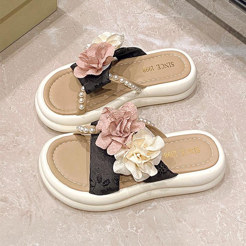 

Цветок жемчуг фея ветер шлепанцы девушка 2025 лето новый верхняя одежда с юбкой сандалии толстая подошва пляж однословные шлепки прилив 40 чёрный