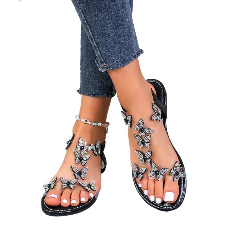 2025 Butterfly Rhinestone Flat Square Toe Fish Mouth Women's Beach Slide Sandals Elastic Strap Plus Size Flat Sandals