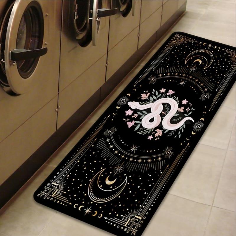 Mystical Tarot Snake Print Long Runner Rug, Black Gold Celestial Moon Star Pattern Non-Slip Washable Floor Mat for Entryway