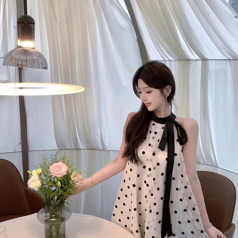 French small fragrant style temperament bow sleeveless polka dot dress female first love pure milk sweet A word short skirt Zixia