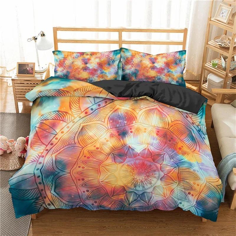 Bohemian Mandala Duvet Cover Set, Colorful Galaxy Comforter Cover Boho Chic Hippie Floral Exotic Bedding Set With 2 Pillow Case