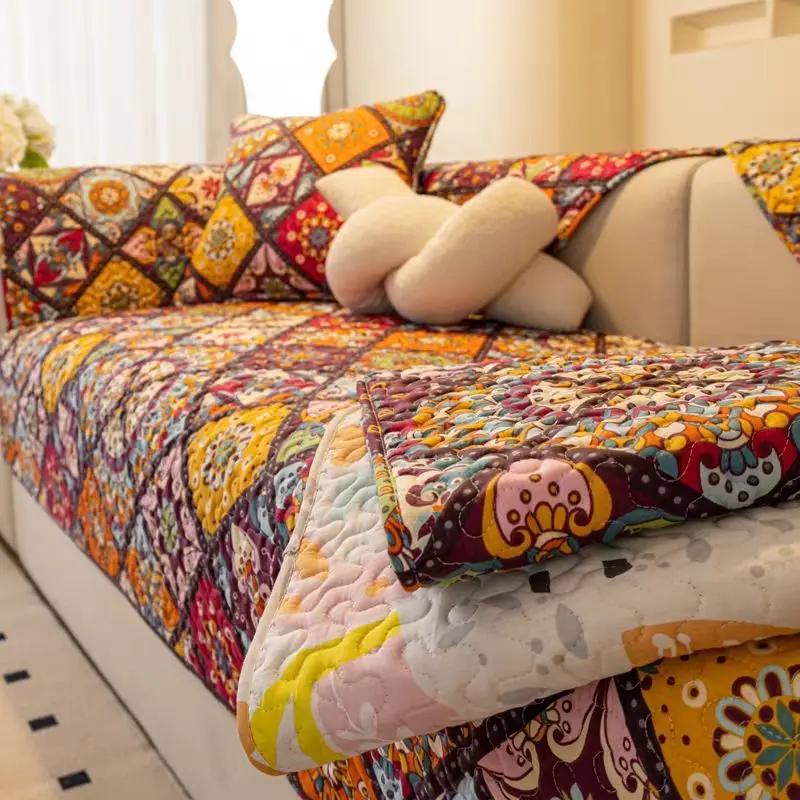 Bohemsk Stil Blomstermønster Sofamatte Geometrisk Mønster Sklisikker Bomull Sofahåndkle Stuedivan Støvtrekk Putetrekk