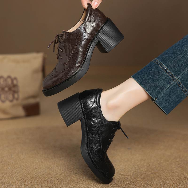 Krazing Pot Sheepskin Autumn Winter Shoes Lace Up Chunky Heels Oxford Shoes Size 43 Round Toe Deep Mouth Pumps