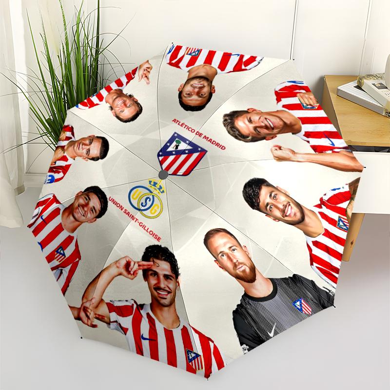Atlético Madrid logo Print Automatic Umbrella, 8 Rib Iron Frame, Plastic Handle, Suitable for Outdoor Travel &Daily , Ideal Gift