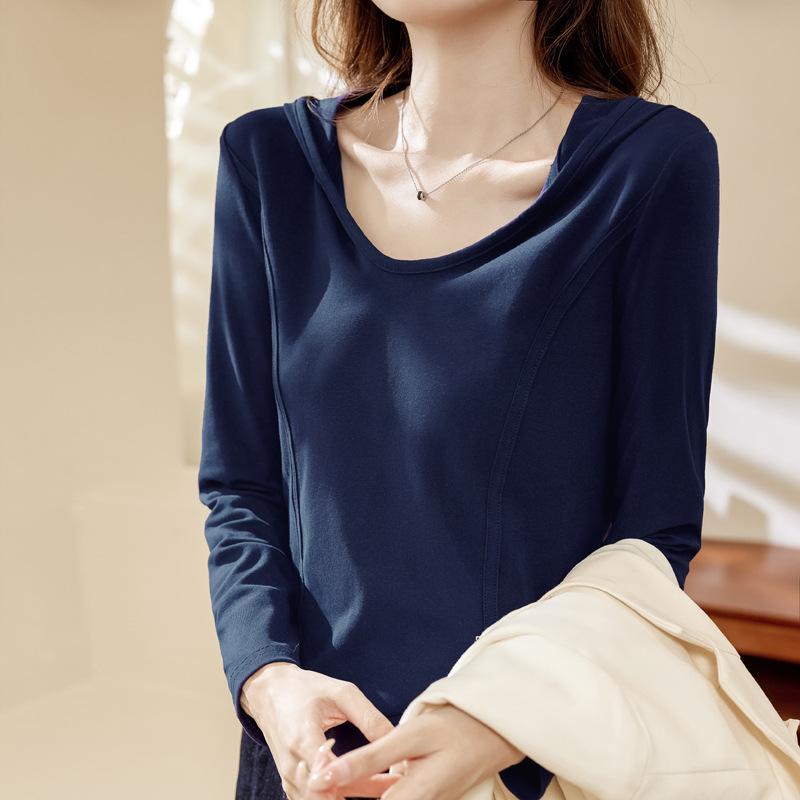 Autumn Women's Round Neck Hooded Round Hem High Stretch Long Sleeve T-Shirt