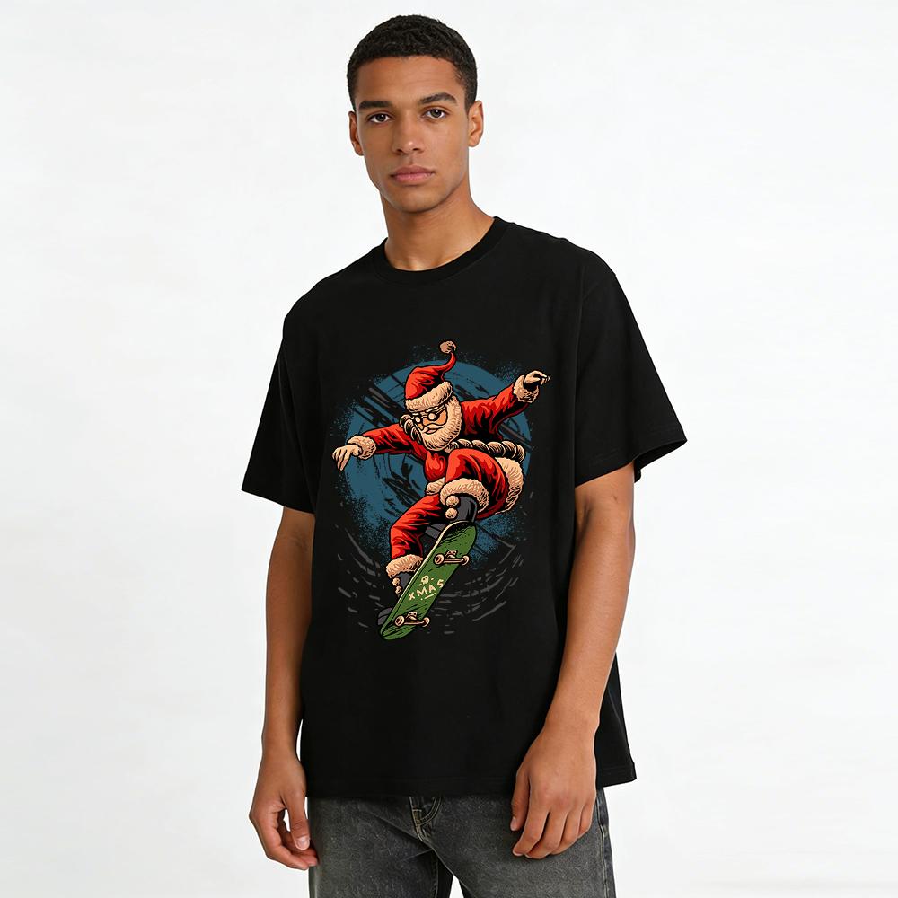 Cool Santa Claus Skateboard Print Casual Top Pure Cotton T-shirt