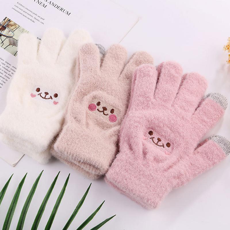 Smile Face Printing Gloves Mobile Phone Touchscreen Knitted Gloves Women Winter Thick Warm Adult Soft Mink Fluffy Gloves