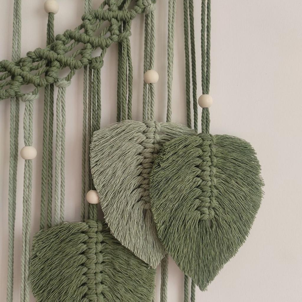 Bohemian Nordic Handwoven Tapestry Wall Hanging with Fringe Feather Leaves Decor