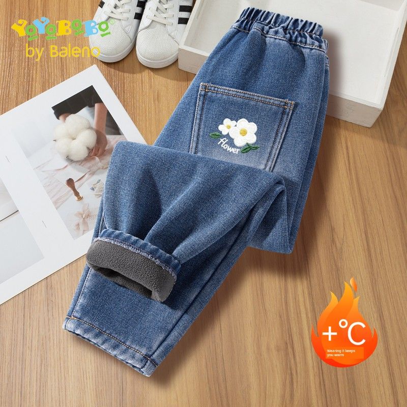 Baleno Ybb Series Girls  Jeans Children s Fleece-Lined Casual Pants 2025 New Autumn and Winter Girls  Winter Clothing Denim Blue # Yb Flower White Pocket K 160