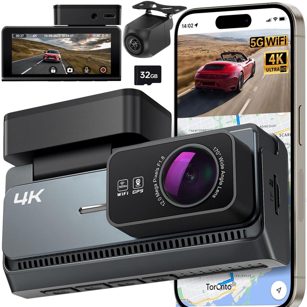 Yonvim Ultra Dash Cam with Front Rear Wide Angle Parking Night GPS Impact Loop Japanese App 32GB Memory Card Included [4K+2K HD] & Cameras, 170° View,