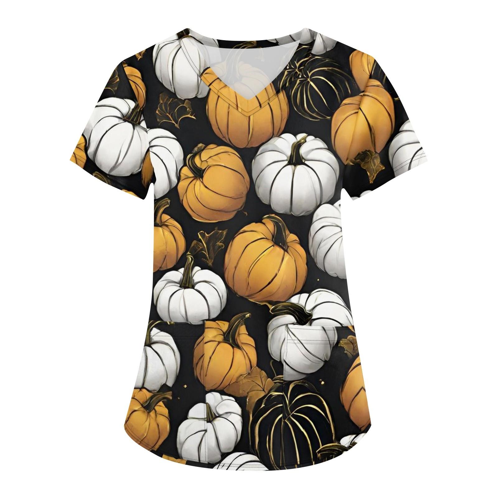 

Плюс размер Печатный скраб Рабочая форма Топы для женщин Крест V-образным вырезом Хэллоуин Принт с короткими рукавами Забавные футболки Спецодежда Футболка с карманами