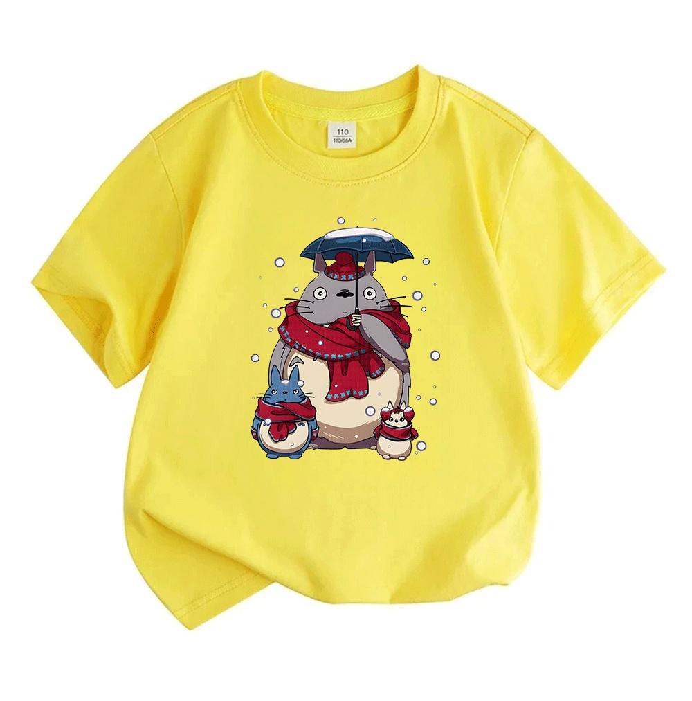 Kids Boys Girls 100% Cotton O-neck Short Sleeve T-shirt, Cute Winter Snow Totoro Family Print Casual Soft Pullover Tee for Daily Wear Holiday Gift