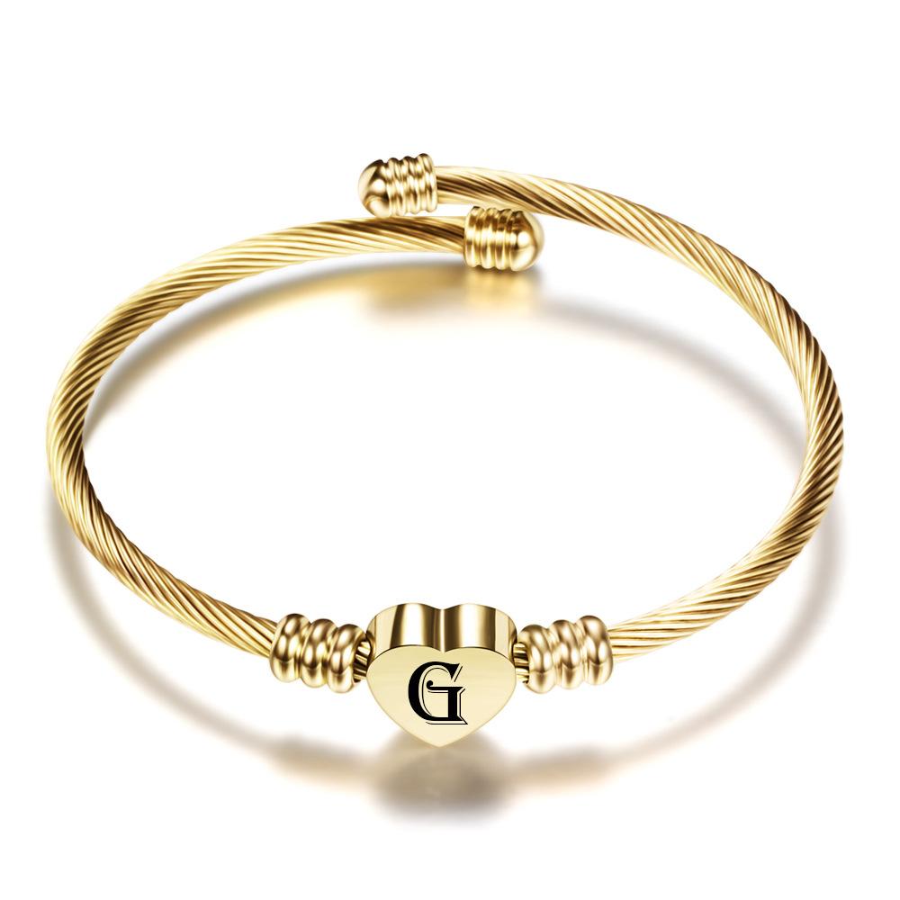 Ouro 26 letras de aço inoxidável trançado cabo fio titânio aço pêssego coração pulseira feminina