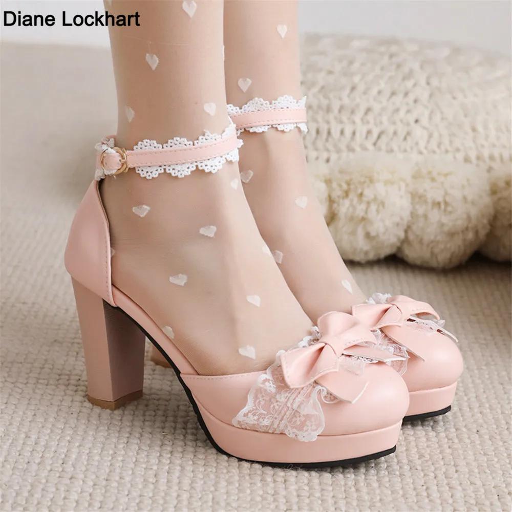 Mode 2025 Frühling Sommer Knöchelriemen Damen High Heels Mary Jane Pumps Party Hochzeit Weiß Rosa Schwarz Schleife Prinzessin Cosplay Lolita Schuhe