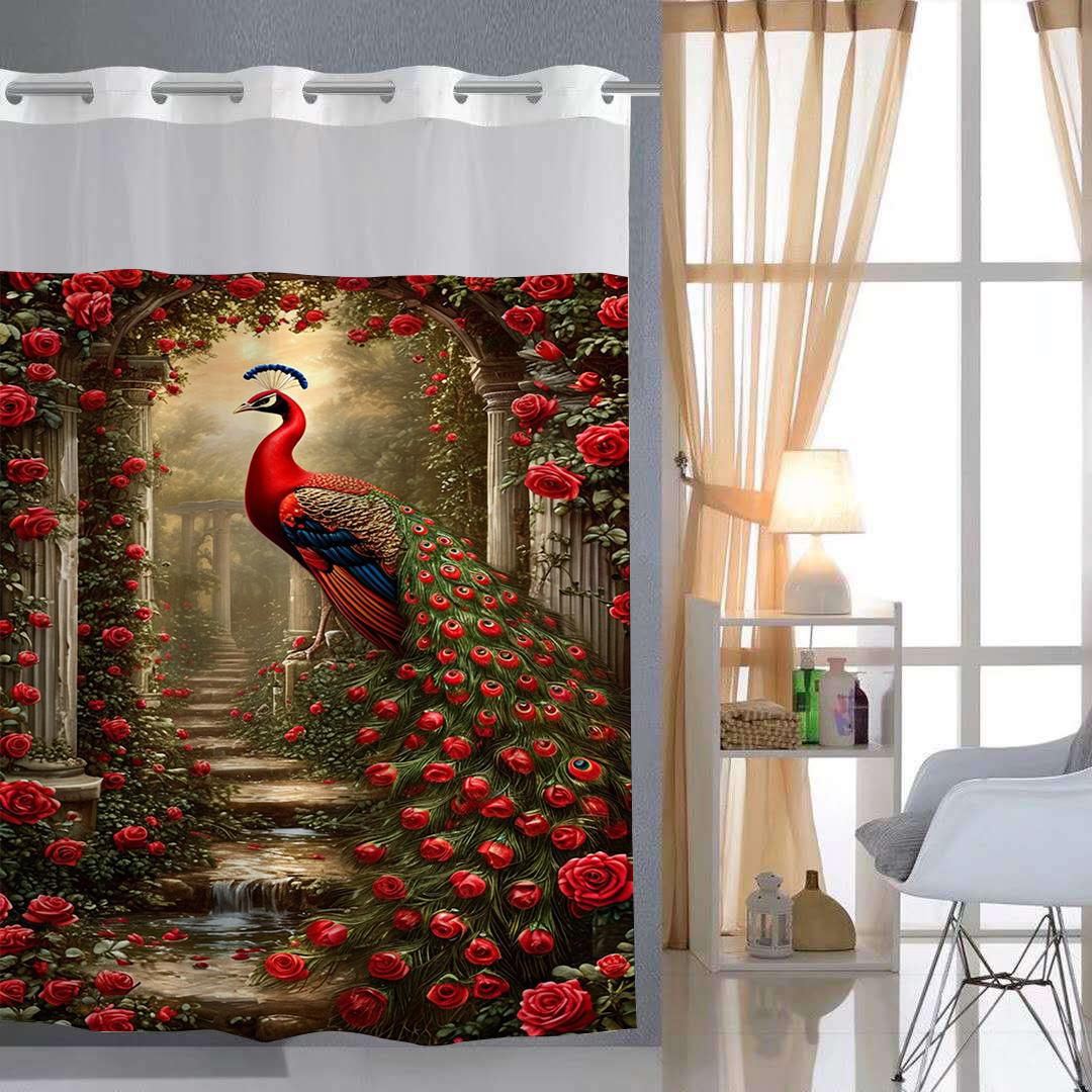

No Hook Elegant Peacock Pattern Shower Curtain With Snap-In Fabric Liner Sheer Top Window, Double Layer Bathtub Curtain W60H190(CM)-1 Pcs