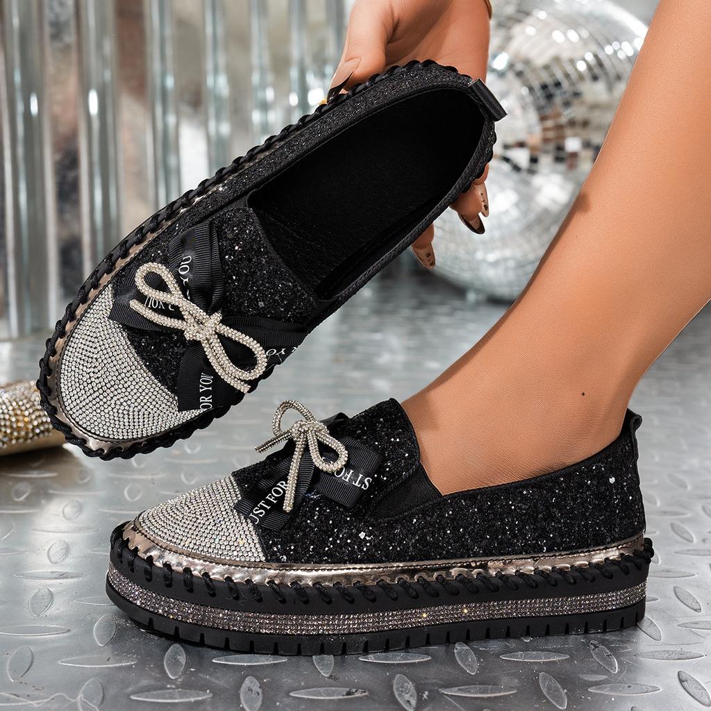 Fashion 35-44 Thick Bottom Rhinestone Bow Mary Jane Shoes Women Flat Shallow Mouth Comfort Casual Shoes Zapatillas De Mujer Loafers 2025