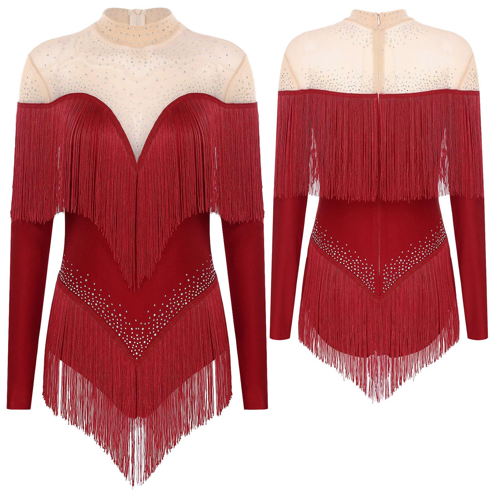 

Женский купальник для латиноамериканских танцев, танго, ча-ча-ча, джаза, балета, художественная гимнастика, джазовая танцевальная одежда, стразы, боди, комбинезон S бордовый