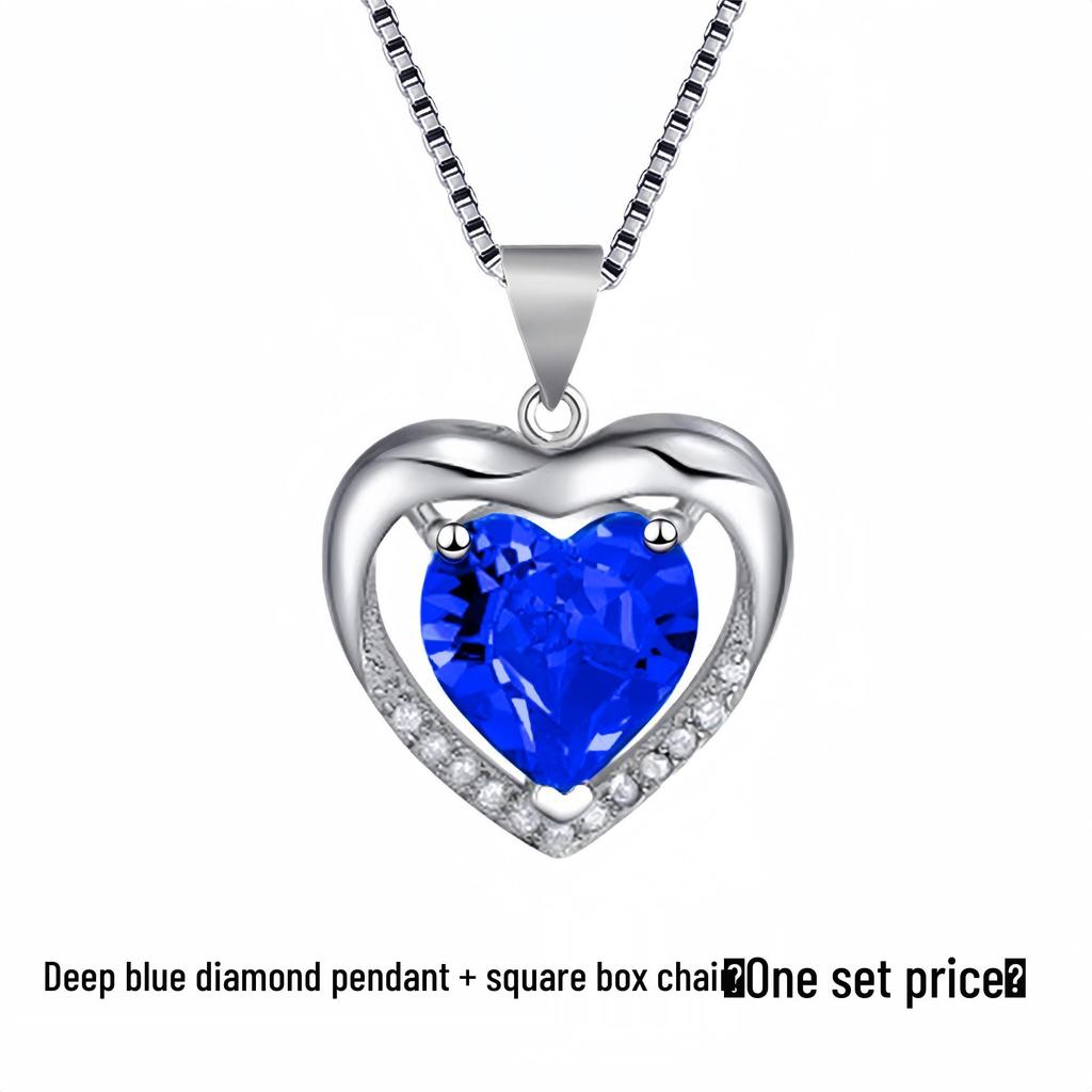 Korean Style Heart-Shaped Blue Crystal Necklace with Peach Heart Pendant