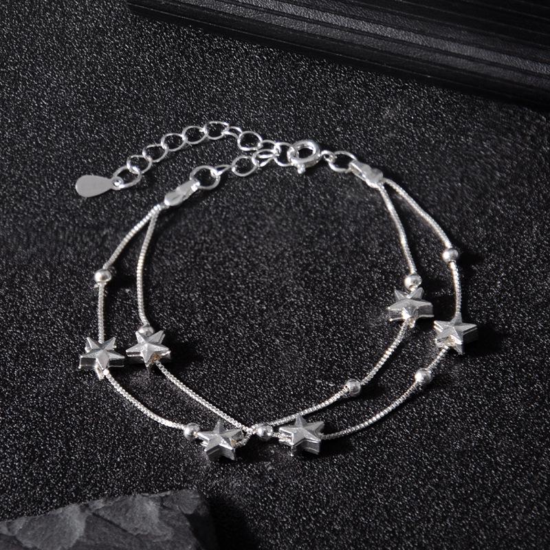 Cute Baby s Breath Stars Silver Bracelet - Double Layer Box Chain Jewelry, Valentine’s Gift for Women