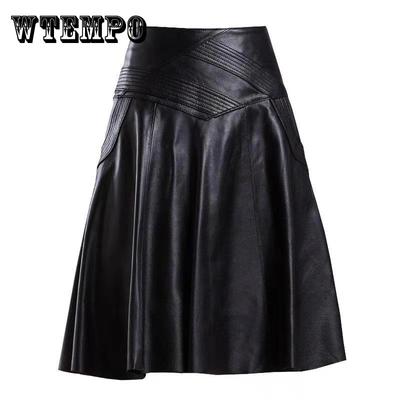 Women Spring Autumn PU Leather Skirts Lady High Waist A-line Skirt Midi Length Black Skirt Women