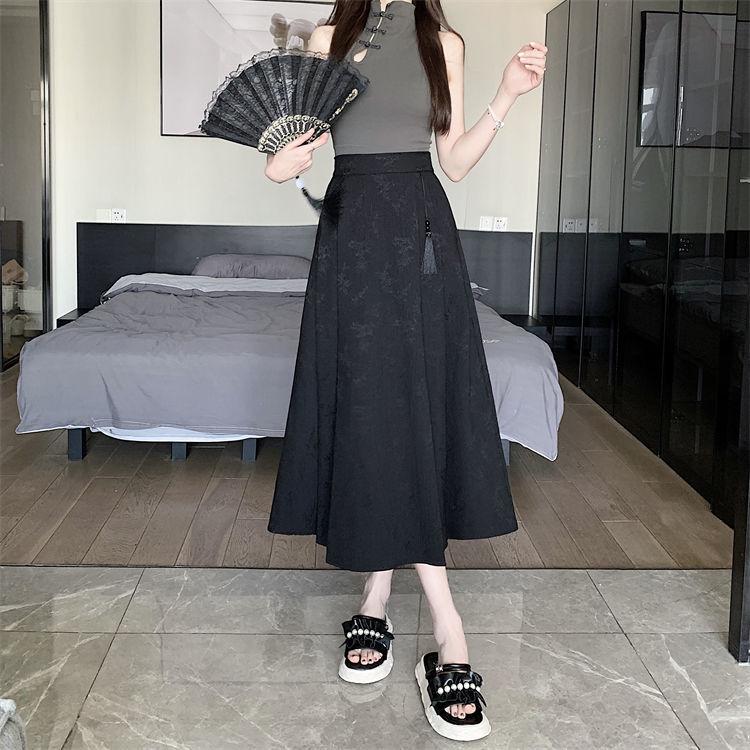 Elegant Jacquard Pleated Skirt for Petite Women - Elastic Waist, Slimming Design, Trendy Chinese Style