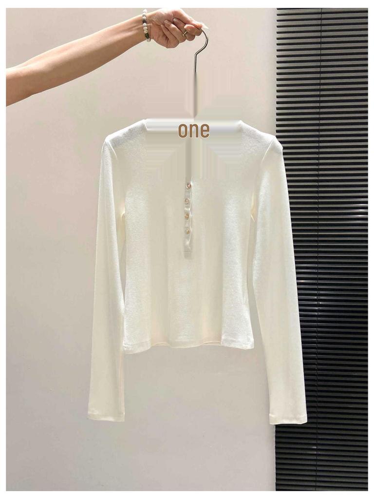 Women's BM-Style Button-Up Henley Long-Sleeve T-Shirt, Slim-Fit Stretchy Top with Imitation Cashmere Lining for Autumn/Winter/Spring