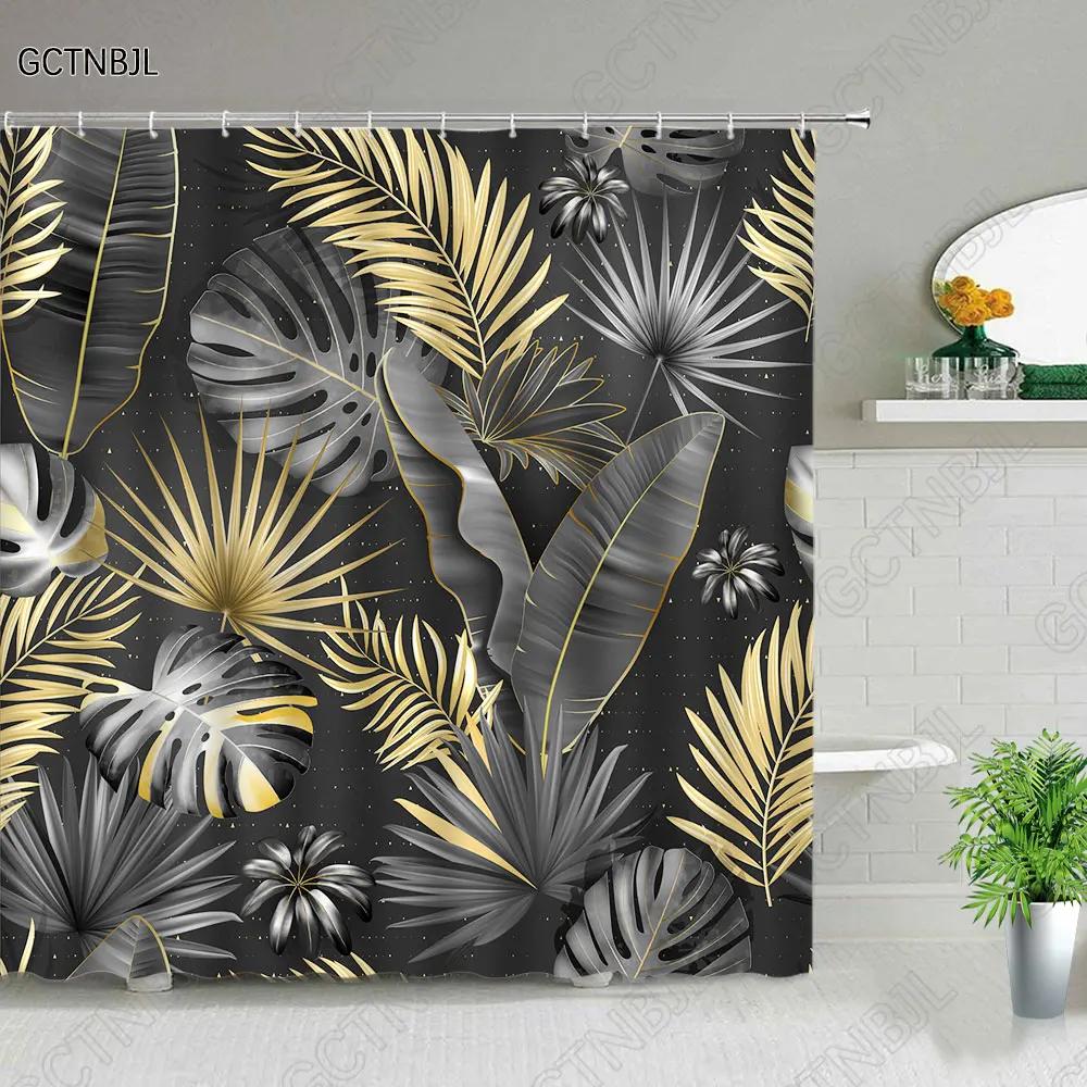 Tropical Green Plant Bathroom Shower Curtains Black Background Gold Palm Leaf Pattern Bath Curtain Waterproof Bathtub Home Decor